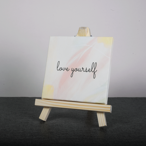 Easel Stand with Mini Canvas Motivational Quote “Love Yourself” for Office/Desk Decor/Home Decoration/Gift Purpose/Table Decorative Showpiece.